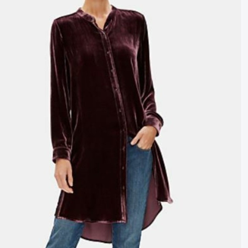 NWT Eileen Fisher Mandarin Collar Velvet Shirt Dress Dark Mulberry burgundy XS